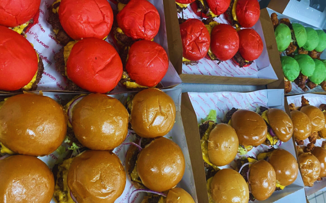 Wulf Burger Richardson red bun Halal burger with fries near CityLine and UTD Campus