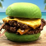 Wulf Burger Richardson green bun vegan burger with crispy vegan fries near Belt & Main in Richardson’s Core District