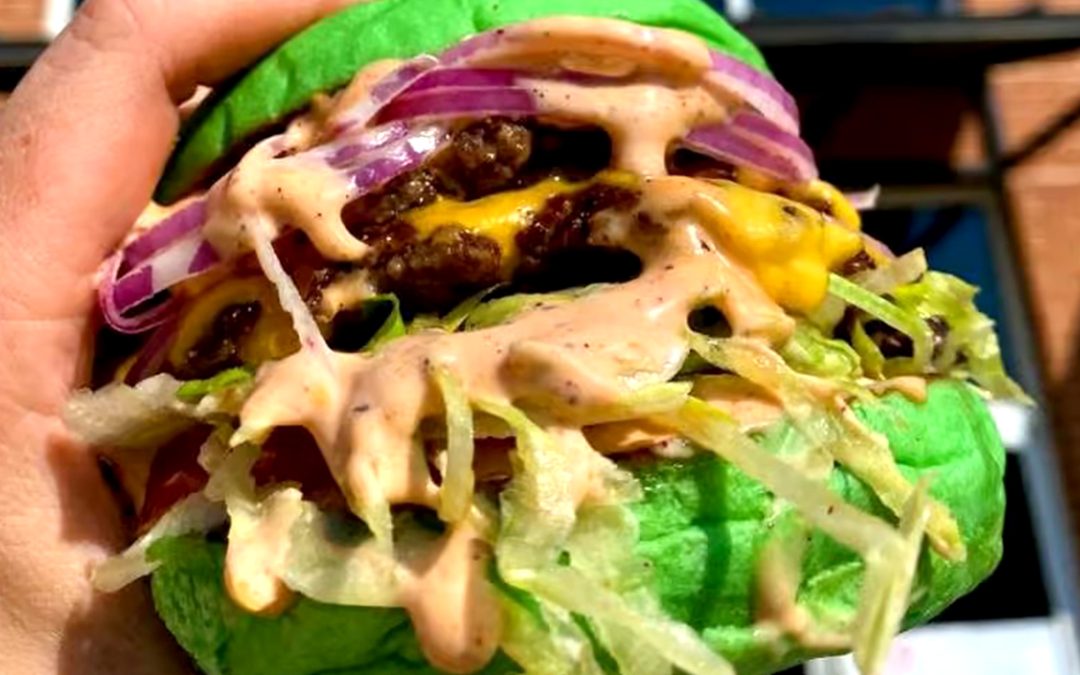 Wulf Burger McKinney green bun vegan burger with crispy vegan fries near Historic Downtown McKinney