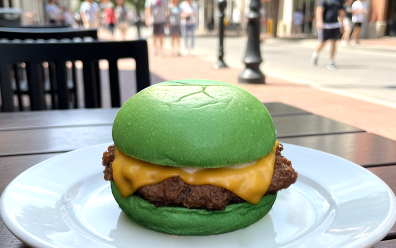 Wulf Burger green bun vegan burgers in Plano with crispy vegan fries near The Shops at Legacy