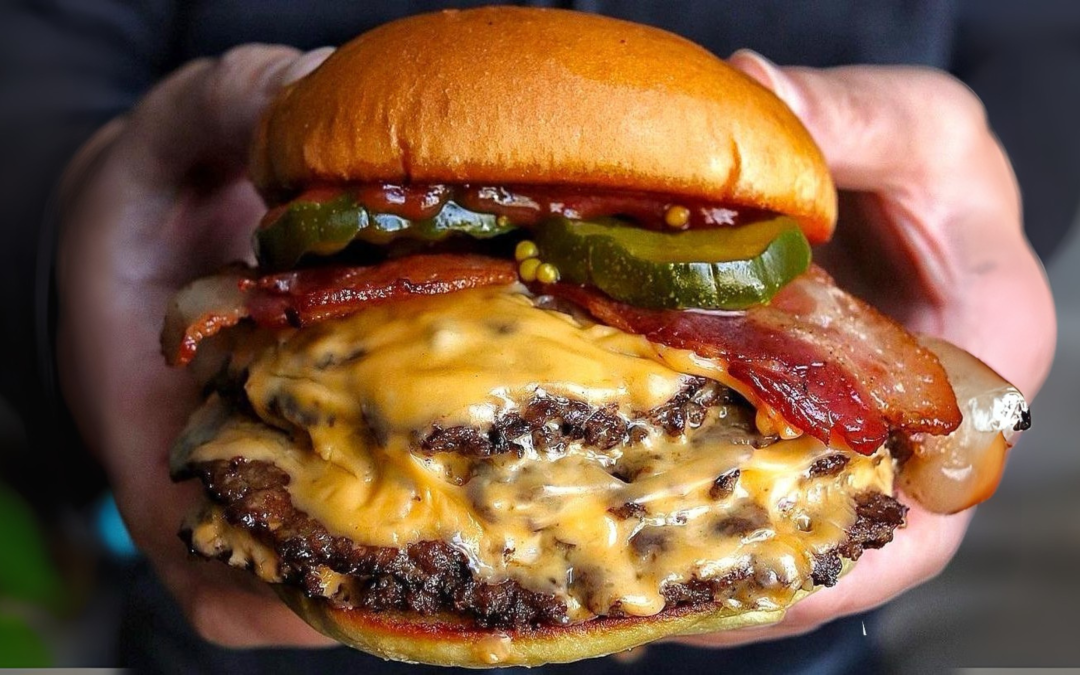 Wulf Burger Plano grass-fed double patty burger on red bun