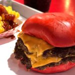 Wulf Burger red and green buns made with beet and avocado extract in Dallas Texas
