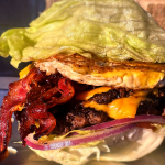 High protein Wulf Burger Protein Stacks with double smashed patties and fried egg in Dallas Texas