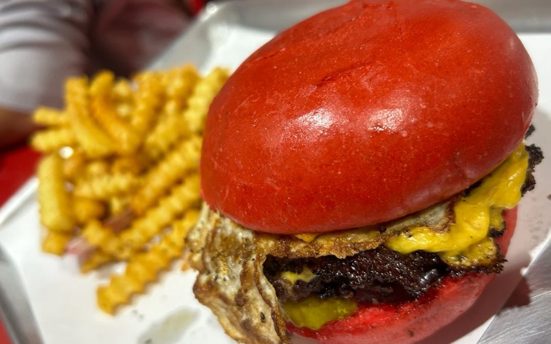 halal smash burger Dallas Wulf Burger red bun fresh beef burger
