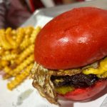 halal smash burger Dallas Wulf Burger red bun fresh beef burger